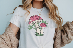 mushroom, mushrooms, cute, heart, hearts, illustration, whimsical, forest, nature, design, graphic, fungus, toadstool, pink, brown, green, leaves, fairytale, garden, woodland, magic, magical, cartoon, vector, clip art, drawing, isolated, botanical, plant,