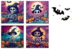 Neon Halloween Skull Square Coasters, Cartoon Pumpkins PNG Product Image 3