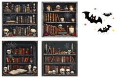 Gothic Books Halloween Square Coasters, Cartoon Pumpkins PNG Product Image 3