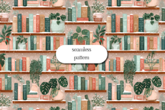 Cozy Bookshelf Seamless Pattern with Plants and Books Product Image 1