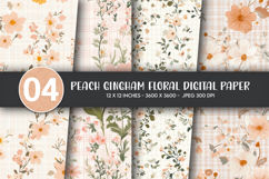 Peach Gingham Floral Digital Paper Product Image 1