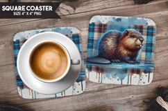 Beaver, Woodland Animals, Buffalo Plaid Square Coaster PNG Product Image 1