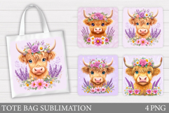 Cute Cow Tote Bag Sublimation. Cow Flowers Sublimation Product Image 1