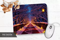 Frosty Winter Forest with Snowflakes Mouse Pad PNG Product Image 1