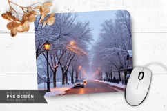 Snowy Street with Glowing Street Lamps Mouse Pad PNG Product Image 1