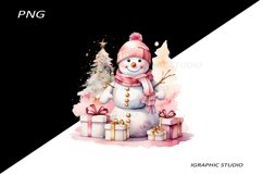 Pink Snowman Clipart, Gold and Pink Chistmas Clipart Product Image 1