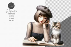 Young girl and book, Student clipart, Back to school, Product Image 1