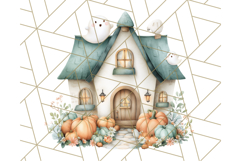 Watercolor Halloween Cottage Clipart, Ghosts &amp; Pumpkins Png Product Image 3