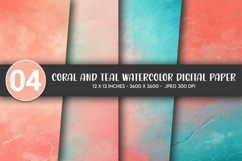 Coral and Teal Watercolor Digital Paper Product Image 1