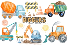 Watercolor Construction Diggers Clipart Product Image 1