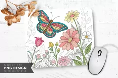 Butterfly and Flowers Coloring Mouse Pad PNG Design Product Image 1