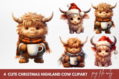 Cute Christmas Highland Cow Clipart Product Image 1