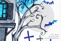 Grave and old house in the cemetery. Watercolor PNG clipart Product Image 4