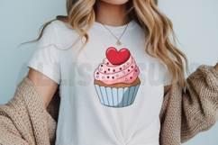 cupcake, heart, topping, pink, red, white, sprinkles, dessert, sweet, treat, valentines day, love, bakery, pastry, cartoon, illustration, vector, graphic, design, clip art, cute, festive, celebration, holiday, baked good, confectionery, frosting, icing, b