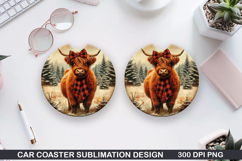 Highland cow Car Coaster Sublimation| Christmas Coaster PNG Product Image 1