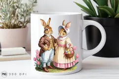 Easter Bunnies In Victorian Dress With Tulips PNG Product Image 2