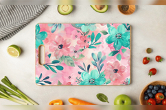 Pink &amp; Teal Watercolor Flowers Cutting Boards sublimation De Product Image 3