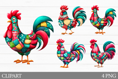 Patchwork Rooster Clipart. Patchwork Rooster Sublimation Product Image 1