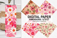 Pink Retro Flowers Digital Paper - Flowers Background Product Image 1