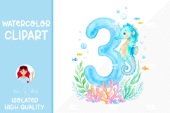 Watercolor Ocean Numbers Clipart Bundle 1-9,Sea Animals PNGs Product Image 4