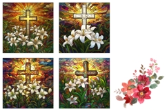 Stained Glass Easter Cross Coaster, Floral Easter Cross PNG Product Image 3
