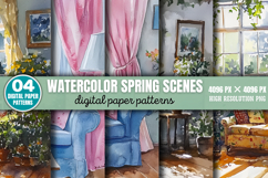 Watercolor Spring Scenes Digital Paper Background Bundle PNG Product Image 4