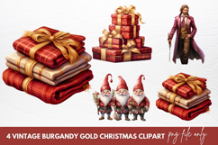 Vintage Burgandy Gold Christmas Clipart Sublimation Product Image 1