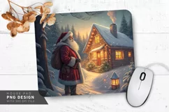 Santa by Warm Cabin in Snowy Woods Mouse Pad Sublimation Product Image 1