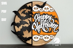 Happy Halloween Bats Door Hanger SVG | Halloween Skull Sign Product Image 1