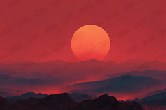Red Sunset Mountain Landscape Background with Glowing Sun Ar Product Image 1
