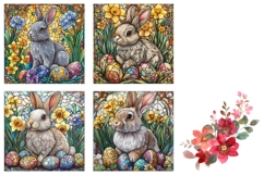 Stained Glass Bunny Coasters, Floral Easter Bunny PNG Product Image 3