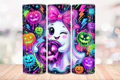 Neon Cute Ghost 20 OZ Skinny Tumbler Wrap Sublimation PNG. Product Image 3
