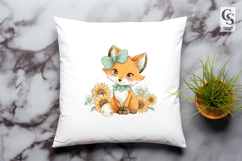 Cute Baby Fox with Green Bow Sunflower Woodland Clipart Product Image 3