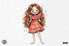 Whimsical Summer Girl &amp; Watermelon Clipart Product Image 1
