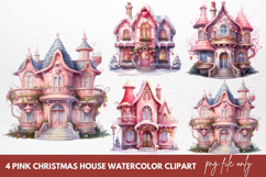 Pink Christmas House Watercolor Clipart Sublimation PNG Product Image 1