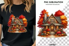Autumn House PNG, Fall Leaves Sublimation Print, Crafting Product Image 1