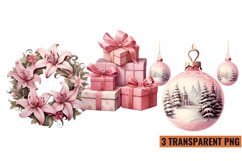 Vintage Pink Christmas Clipart, Watercolor Pink Christmas Product Image 1