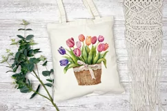 Tulip Basket Illustration, Watercolor Tulips Flowers PNG Product Image 3