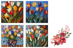 Mosaic Tulips Square Coaster PNG, Mosaic Flowers Sublimation Product Image 3