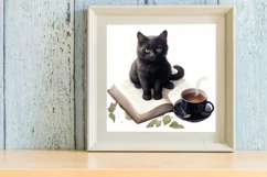 Watercolor Black Cat Book Coffee Clipart, Watercolor Clipart Product Image 3