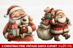 Pink Vintage Santa Clipart | Retro Christmas Santa PNG Product Image 1