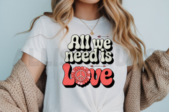 all we need is love, retro, groovy, love, 70s, peace, flower, hippie, vintage, text, typography, design, graphic, illustration, valentine, vector, cartoon, boho, bohemian, aesthetic, arrow, daisy, floral, peace sign, retro design, flower power, valentines
