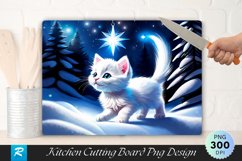Fluffy White Kitten Playing with Star Cutting Board PNG Product Image 1