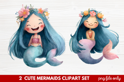 2 Cute Mermaids Clipart Set | Whimsical Mermaid Illustration Product Image 1