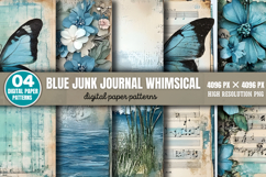 Blue Junk Journal Whimsical Patterns Background PNG Product Image 4