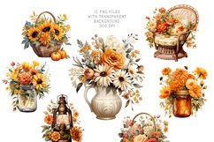 Autumn Flowers PNG, Watercolor Flowers Bouquets Product Image 3