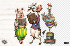 Whimsical Farm Animals Love Reading - Animals Clipart Product Image 1