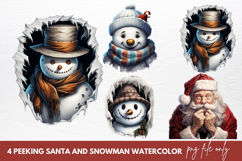 Watercolor Peeking Santa and Snowman Clipart Product Image 1