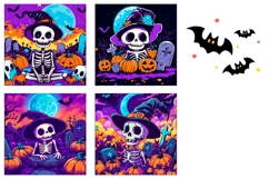 Neon Halloween Skull Square Coasters, Halloween Moon PNG Product Image 3