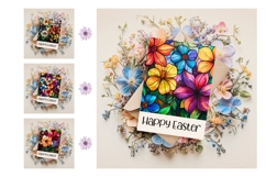 Floral Easter Greeting Cards, Stained Glass Flowers PNG Product Image 3